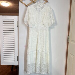 White Maxi A-line Dress with Flutter Sleeves and V-neck